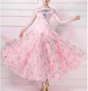 Customized Size light pink flowers competition ballroom dance dresses for girls kids children waltz tango foxtrot smooth dance long gown